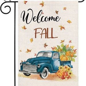 NEW Welcome Fall Burlap Garden Flag w Rustic Truck Pumpkins Leaves